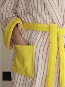 Color Matching Cotton Bathrobe Striped CottonYarn Bathrobes Soft Cozy Absorbent Bath Towel Robes V Neck Hooded Loose