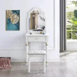 Modern white dressing table with mirror and stool in a bedroom setting
