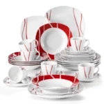 MALACASA Felisa red stripe dinnerware set arranged on a dining table