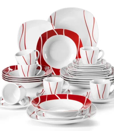 MALACASA Series Felisa 30 Piece Red Stripes Ivory White Porcelain Dinner Set with 6 Piece Cups Saucers Dessert Soup Dinner
