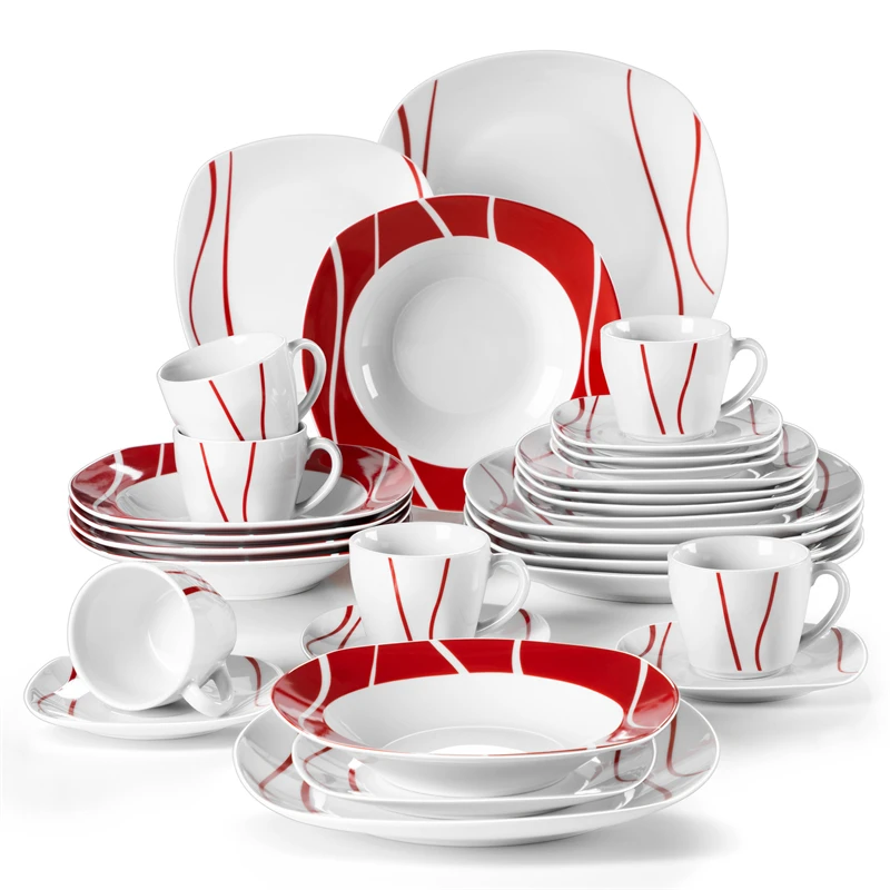 MALACASA Felisa red stripe dinnerware set arranged on a dining table