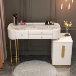 Modern dressing table with mirror and stool in a minimalist bedroom setup