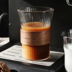 300 ml Glass Iced Coffee Cup, Milk Tea Drinking Mug with Leather Grip for Latte, Cocktail, Juice & Home Decor
