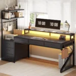 55" Gaming Desk with 6 Drawers, Corner Gaming Desk with Storage & LED Lights, Reversible PC Desk with Power Outlet,,