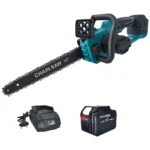Cordless brushless chainsaw cutting a log in a garden