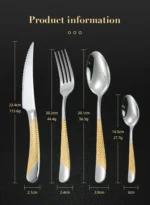 Elegant gold flatware set with steak knife, fork, and spoon on a dark table