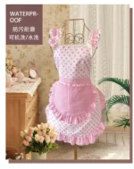Sweet Pink Cute Chef Apron Suit Girl Anti-fouling Lace Apron Pink Polka Dot Strap Kitchen Home Catering Work Apron – in a