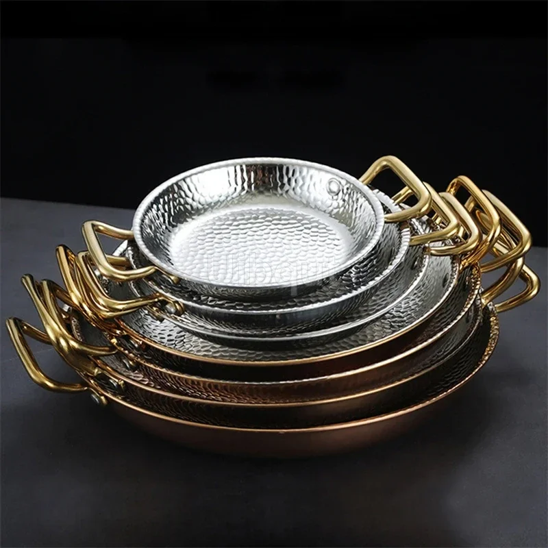 Stainless steel paella pan with double ear handles and flat bottom for cooking Spanish seafood rice