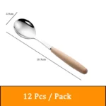 Stainless steel flatware set with wooden handles displayed on a table