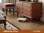 Minimalist oak wood dressing table with mirror, stool, and six drawers in a modern bedroom setting