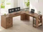 Farmhouse 67" L Shaped Desk with 3 Drawers, Executive Desk, Home Office Desks with Storage Shelves, Corner Computer,