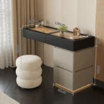 Minimalist modern dressing table with mirror and stool in a bedroom setting with 4 drawers and 4 doors