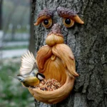 Tree Face Bird Feeder Outdoor, Eyes Glow in Dark Fun Old Man Tree Hugger Sculpture Yard Art Garden Lawn Ornament Decoration
