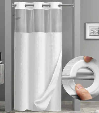 No Hook Shower Curtain with Snap in Fabric Liner Set Less Time White Waffle Shower Curtain for Bathroom
