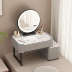 Modern minimalist dressing table with storage shelf for makeup organization in a bedroom