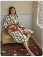 Color Matching Cotton Bathrobe Striped CottonYarn Bathrobes Soft Cozy Absorbent Bath Towel Robes V Neck Hooded Loose