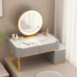 Modern minimalist dressing table with storage shelf for makeup organization in a bedroom