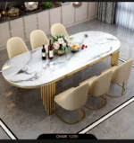 Modern oval marble dining table with gold stainless steel legs seating 6-8 people - Goldoma