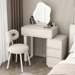 Modern minimalist vanity table with mirror and stool, wood construction, bedroom furniture