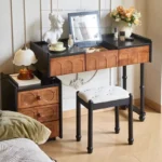 Goldoma ash wood dressing table with mirror and six drawers in a bedroom setting