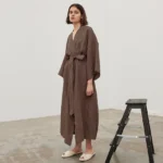 NHKDSASA Brown Robes For Women Loose Three Quarter Sleeve Nightwear Sashes Cotton Bathrobe Female Casual Sleepwear Summer