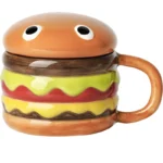 Large ceramic mug with lid in hamburger shape, 300ml capacity, colorful design