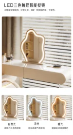 Modern dressing table organizer shelf with 2-tier minimal design holding makeup and accessories on vanity