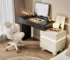 White vanity with mirror featuring French style and four drawers in a bedroom setting