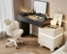 White vanity with mirror featuring French style and four drawers in a bedroom setting