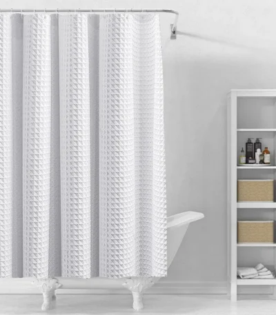 Waffle Textured Shower Curtain Heavy Duty Thick Fabric Shower Curtain with Magnets and 12 Free Rust-Proof Metal Hooks 72Wx72H