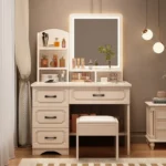 Small apartment dressing table with mirror and storage drawers in modern minimalist style
