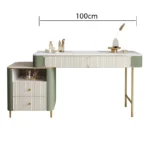 Modern dresser with mirror and stool – 2-drawer makeup vanity table in a minimalist bedroom setting