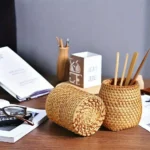 Rattan Pencil Holder, Handmade Wicker Pen Cup Makeup Brushes Holder, Woven Vine Desk Organizer Pen Container Box – side view