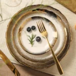 1pc Nordic gold dot wavy ceramic retro luxury high-end household hotel restaurant kitchen supplies dim sum steak dinner