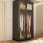 Minimalist open wardrobe closet with metal frame in a modern bedroom setting