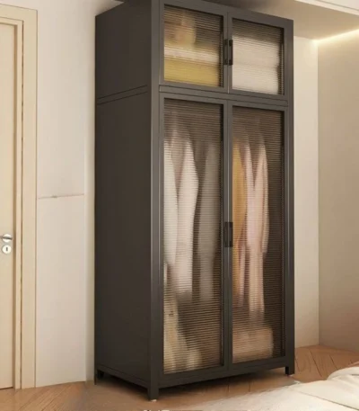 Minimalist open wardrobe closet with metal frame in a modern bedroom setting