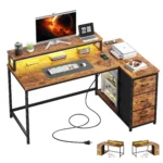 EnHomee 40" L-Shaped Computer Desk with Monitor Stand & 3 Drawers Gaming Desk with Power Outlet and LED Lights for