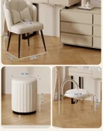 Modern wooden makeup vanity table with mirror and matching stool, featuring a storage drawer for organization