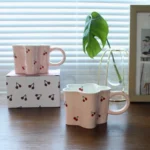 Plum Blossom Cute Girl Ceramic Cup Creative High Value Mug Pink Cherry Water Bottle Children's Breakfast Milk Cups, 320ml