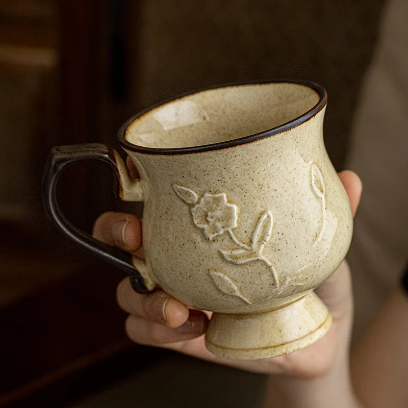 Hibiscus Cup Medieval Relief Tall Mug French Ceramic Coffee Cups Water Cup Large Capacity Milk Cup, 300ml