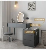Modern makeup vanity table with mirror and storage drawer in bedroom setting