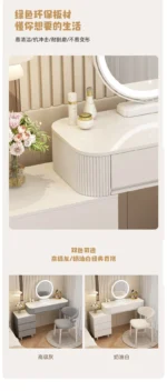 Modern storage vanity table with mirror and stool featuring multiple drawers for bedroom organization