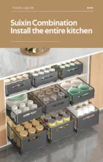 Pull out cabinet organizer holding spice bottles and seasoning jars in a kitchen cabinet