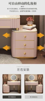 French white wooden dressing table with mirror and stool in a modern bedroom setting