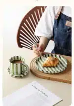 Simple Striped Ceramic Teacup Hotel Café Porcelain Coffee Cup 280ml Office Mug Breakfast Bread Dessert Mug Gift Table