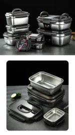 Large stainless steel food storage container with lid and handle for refrigerator organization