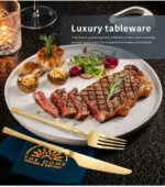 Goldoma stainless steel cutlery set with hammer pattern handles on a wooden table