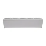 Stainless steel spice rack with 5 pans and lids on kitchen countertop