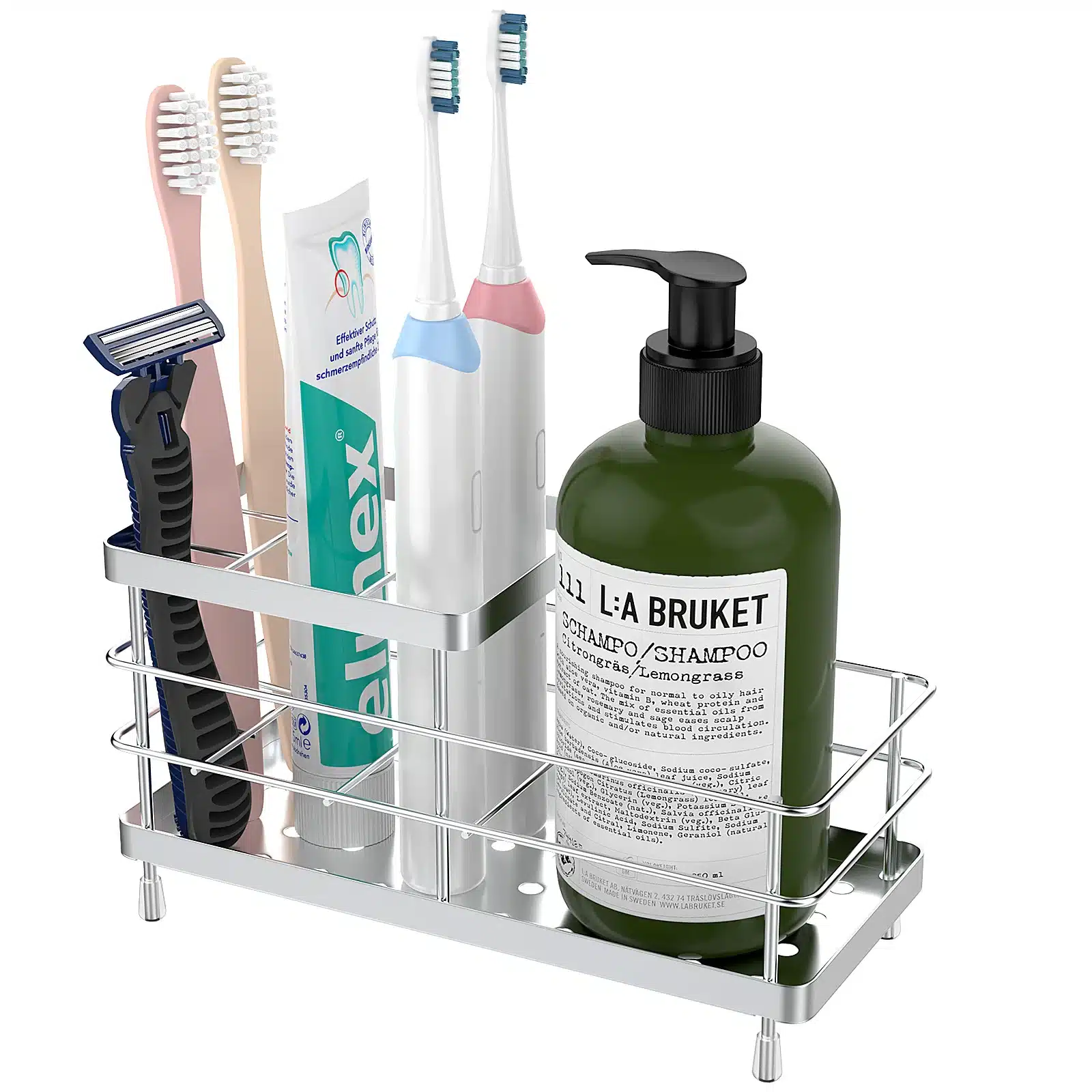 Luxspire stainless steel toothbrush holder on bathroom countertop, sleek silver finish with drainage holes visible.
