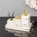 Volakos White Natural Marble Bathroom Accessories Golden Luxury Soap Dish Soap Dispenser Toothbrush Holder Tray Bathroom Set
